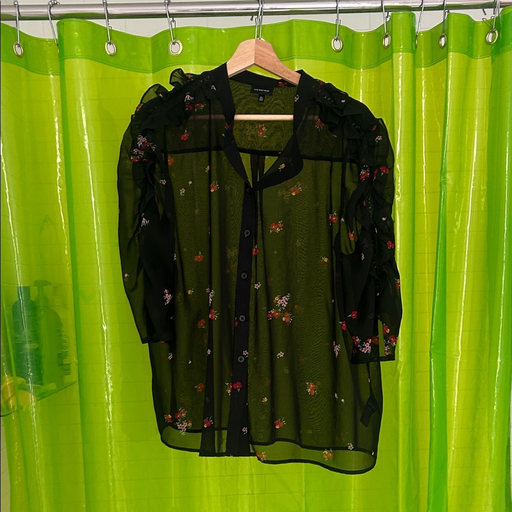 Who What Wear Sheer Black Floral Button-Front Blouse